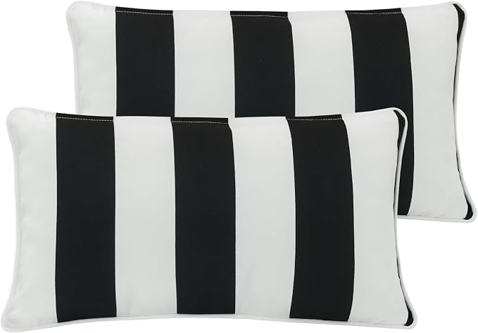 Lumbar Pillow Covers Set of 2, Outdoor Indoor Waterproof Patio Lumbar Pillowcase Shell 12x20 Inch, Rectangular Cushion Case for Couch Sofa Garden Farmhouse-Black White Stripe