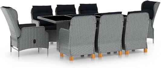 9 Piece Patio Dining Set with Cushions Poly Rattan Light Gray Outdoor Reclining Chairs PE Wicker Table Tempered Glass Garden Furniture