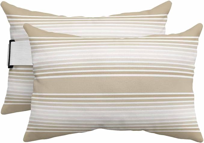 Pack of 4 Outdoor Lumbar Pillow Covers 12x20 Inch, Beige Striped Waterproof Throw Pillow Covers Set, Beige Ombre Farmhouse Stripes Indoor&Outdoor Decorative Cushion Cases for Patio Porch Car