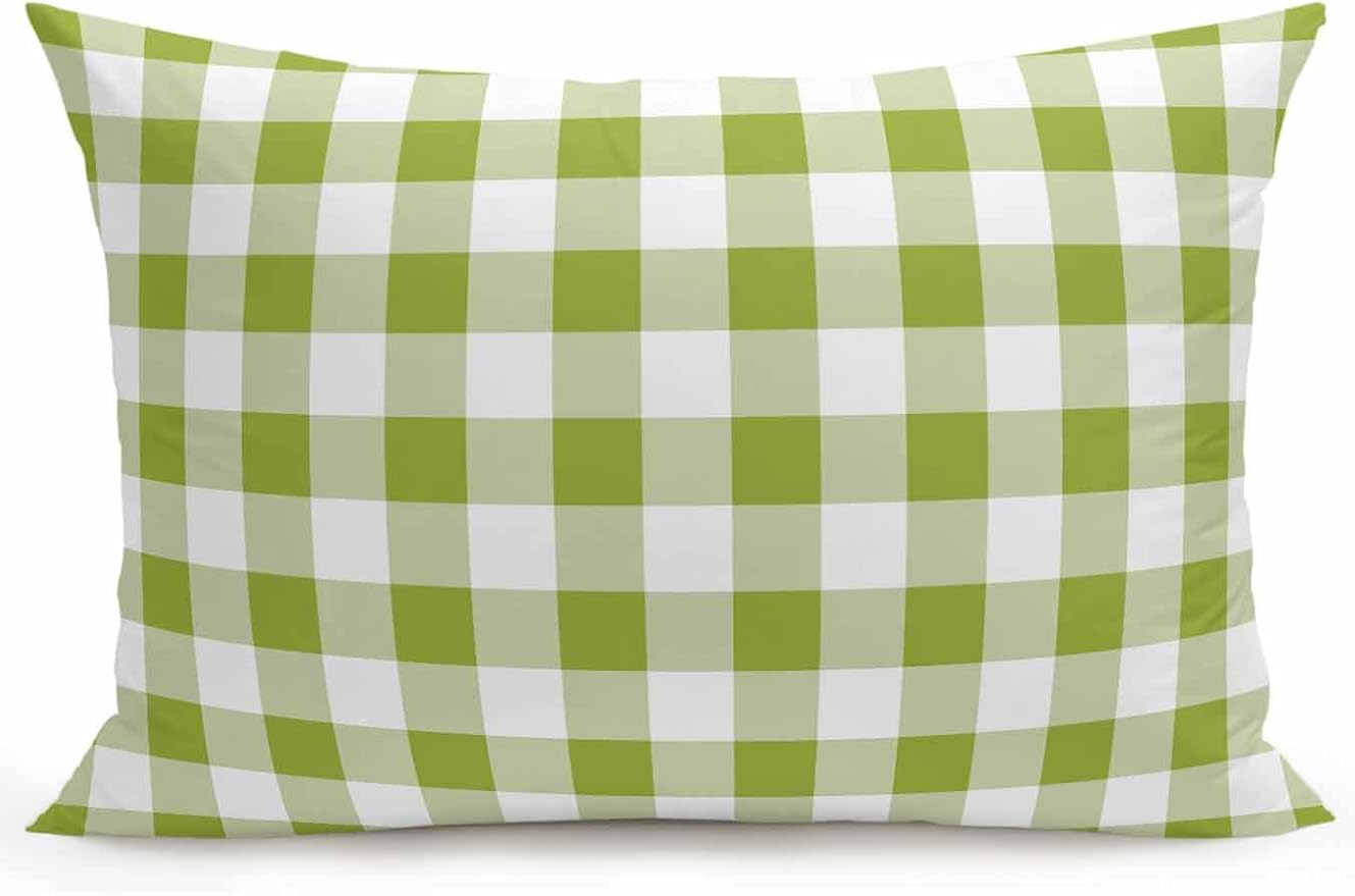 Waterproof Outdoor Pillow 1 Pack Avocado Green Buffalo Plaid Decorative Throw Pillows Cover & Insert 20x12 Inch Lumbar Pillowcase Check Lines Pillows for Couch Sofa Bed Patio Furniture Indoor Outdoor