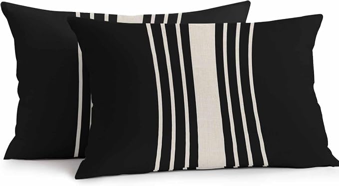 Lumbar Pillow Covers 20x12 Inch Set of 2, Black Beige Striped Waterproof Outdoor Cushion Covers, Modern Farmhouse Retro Lines Decorative Pillowcases for Couch, Sofa, Bed, Garden, Patio