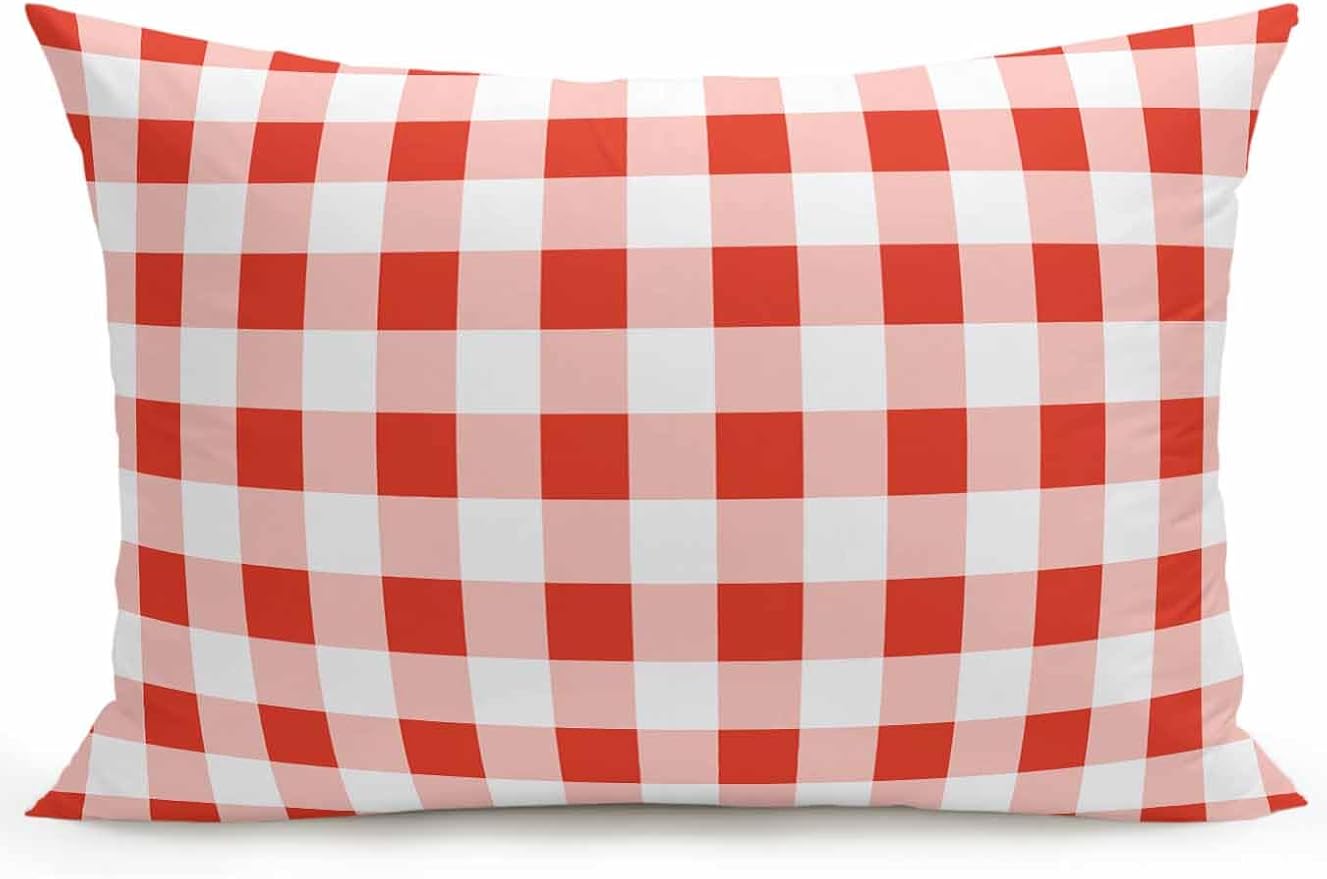 Waterproof Outdoor Pillow 1 Pack Red Buffalo Plaid Decorative Throw Pillows Cover & Insert 20x12 Inch Lumbar Pillowcase Check Lines Pillows for Couch Sofa Bed Patio Furniture Indoor Outdoor
