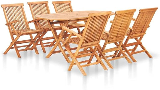 vidaXL Solid Teak Wood 7 Piece Folding Patio Dining Set Weather Proof Garden Table Chair Furniture Set Backyard Terrace Porch Poolside Home