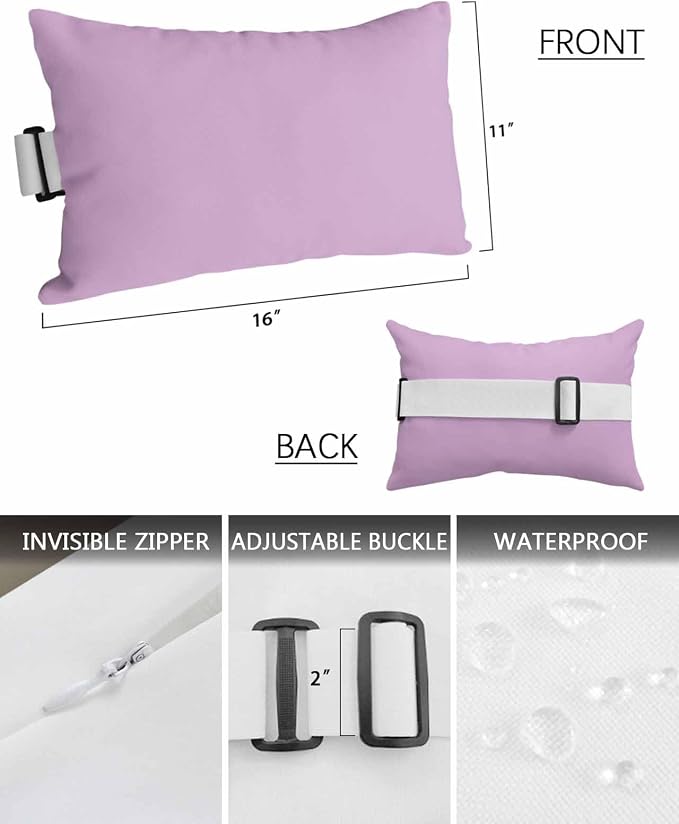 Chaise Lounge Chair Pillow with Strap & Insert Lavender Outdoor Recliner Head Pillow Pack of 2 Solid Purple Color Waterproof Headrest Patio Lumbar Pillow for Beach Pool Office Chair 11x16 Inch