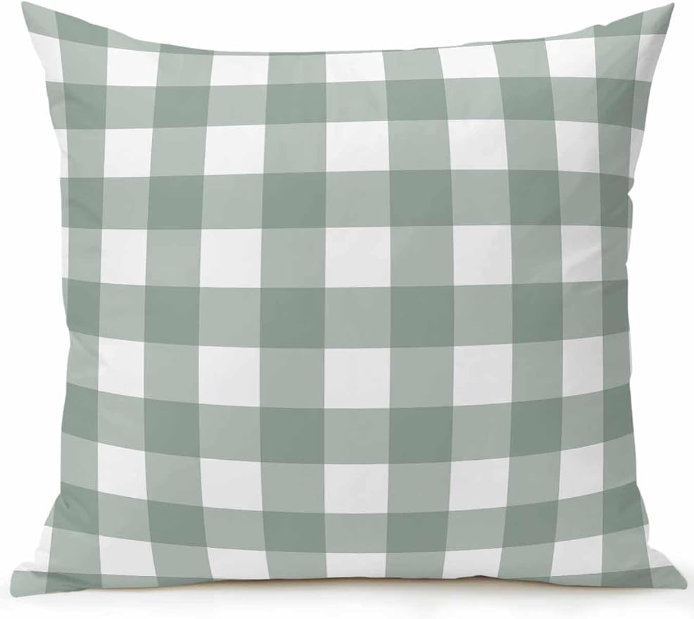 Waterproof Outdoor Pillow 1 Pack Sage Green Buffalo Plaid Decorative Throw Pillows Cover & Insert 18x18 Inch Pillowcase Check Lines Square Pillows for Couch Sofa Bed Patio Furniture Indoor Outdoor