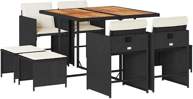 Afuera Living 9 Piece Poly Rattan Garden Dining Set, Black and Cream White, Weather-Resistant Furniture, Cushioned Seats with Removable Covers, Modern Patio or Terrace Outdoor Dining Set for 8 Guests
