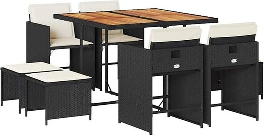 Afuera Living 9 Piece Poly Rattan Garden Dining Set, Black and Cream White, Weather-Resistant Furniture, Cushioned Seats with Removable Covers, Modern Patio or Terrace Outdoor Dining Set for 8 Guests