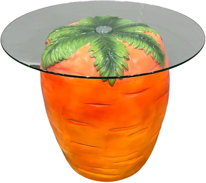 16" Carrot-Shaped Resin Side Table w/ Glass Top,Novelty Fruit Stool,Orange | Round End Table for Living Room Bedroom Patio, Weather-Resistant & Easy Clean, Fun Home Decor Accent