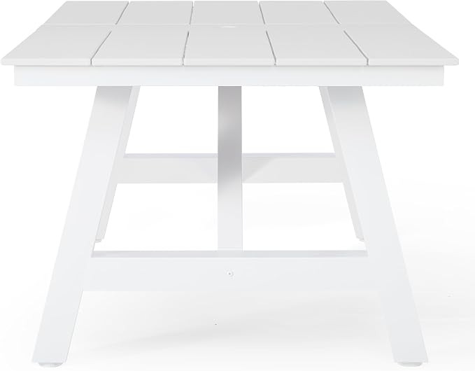Costaelm Rectangle Patio Table, 8-Person Backyard Table 90" HDPE Dining Table with Umbrella Hole and Metal Frame for Outside, Garden, Poolside, Deck, Porch, Balcony, White