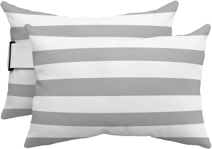 Grey Striped Outdoor Pillows with Insert Classic Grey and White Geometric Waterproof Patio Pillows with Adjustable Strap Rectangle Head Recliner Lounger Chair Throw for Patio Furnitures, 2 Pack