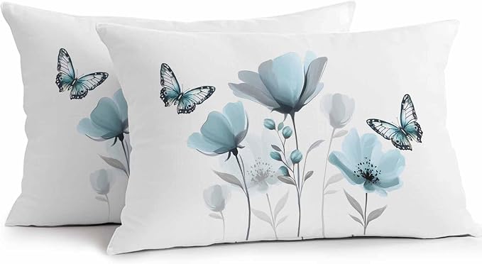 Spring Blue Tulip Waterproof Outdoor Pillow Covers Set of 2 Home Decor, Pastoral Botanical Florals Simple Pillowcase Patio Pillow Covers for Couch Bench Furniture Garden 20x12in