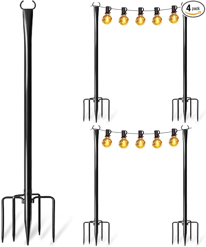4 Pack String Light Poles for Outside, Upgraded Heavy-Duty Metal Light Poles for Outdoor String Lights with Fork, Adjustable Lighting Accessories for Patio Decor Backyard Pergola Garden Decorations