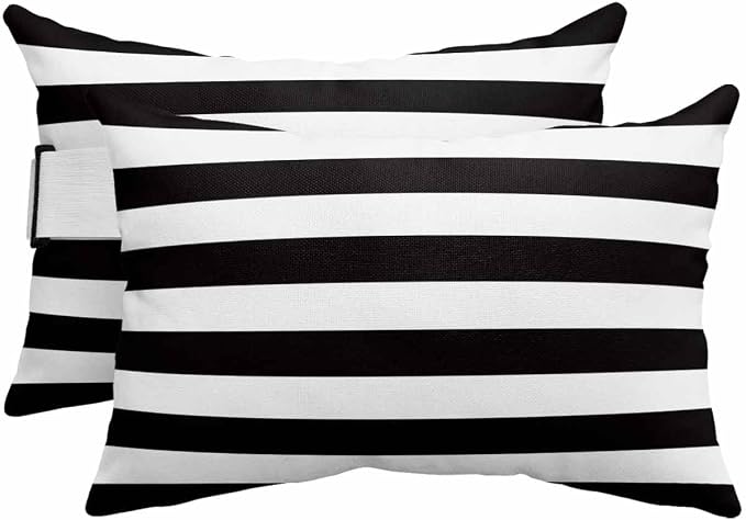 Outdoor Pillows for Chaise Lounge Chair Set of 2 Black White Horizontal Stripe Waterproof Lumbar Pillows with Insert for Beach Chair,Patio Office,Pool Recliner,Simple Texture 11x16IN