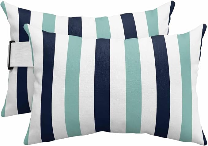 Pack of 4 Outdoor Lumbar Pillow Covers 11x16 Inch, Turquoise Navy Blue Striped Waterproof Throw Pillow Covers Set, Farmhouse Stripe Art Indoor&Outdoor Decorative Cushion Cases for Patio Porch Beach