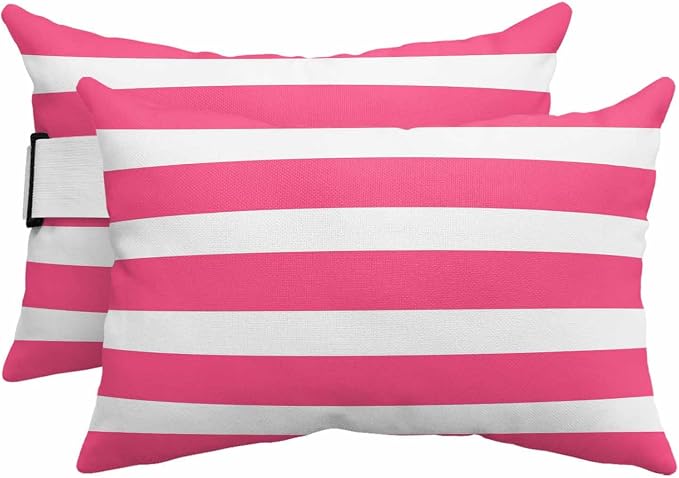 Monochrome Pink Striped Outdoor Head Pillows for Recliner Lounge Chair,Pack of 2 Waterproof Throw Pillow Cushion Cases with Insert&Elastic Strap,Modern Geometric Line Neck Pillow for Patio Beach