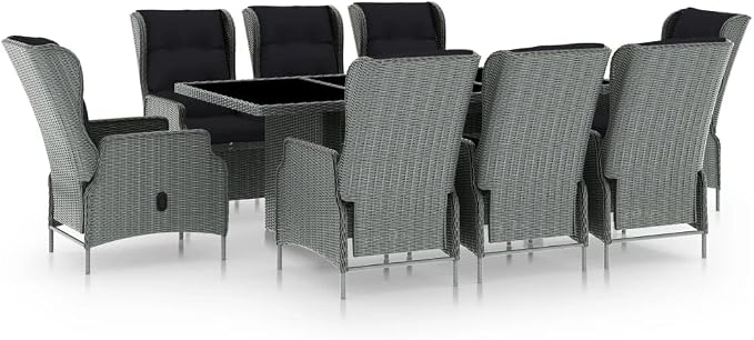 9 Piece Patio Dining Set Light Gray Poly Rattan | Adjustable Backrest Armchairs, Powder-Coated Steel Frame, Glass Tabletop, Removable Cushion Covers