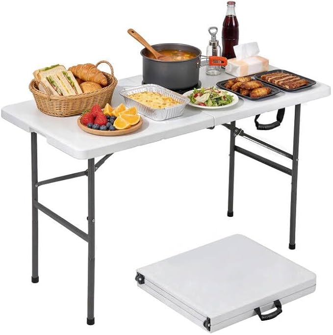 ZENY 4ft Portable Folding Table Plastic Indoor Outdoor Picnic Party Camp Dining Table with Handle, White