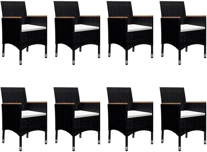 Afuera Living 9-Piece Outdoor Dining Set, Black Poly Rattan and Acacia Wood, Weather-Resistant, Removable Cushion Covers, Modern Style Patio Furniture for Garden or Deck Seating