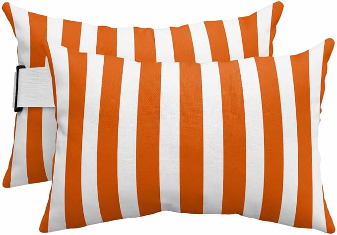 DecorLovee Burnt Orange Striped Outdoor Recliner Pillows for Head, Thanksgiving Waterproof Chair Pillow with Elastic Stripe, Farmhouse Orange Stripes Chaise Lounge Pillow for Patio/Pool 2Pack, 11"x16"