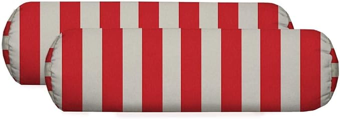 RSH DECOR: Neck Roll Jumbo Bolster Pillows Set of 2 | 24” x 8" | All-Weather Spun Fabric | Water and Fade-Resistant | Outdoor Support Pillows for Patio Furniture | Red & White Stripe