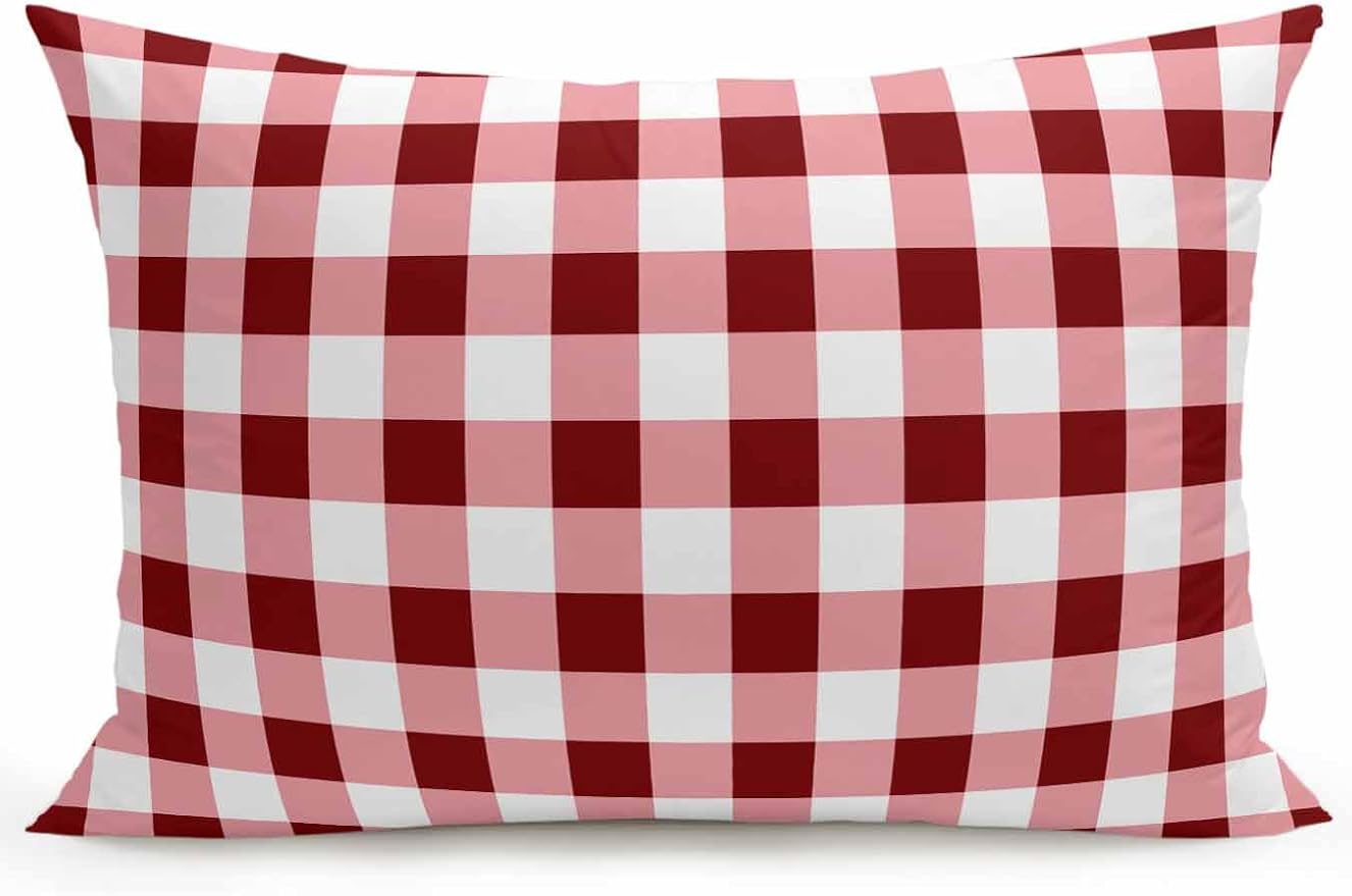 Waterproof Outdoor Pillow 1 Pack Red Check Buffalo Plaid Decorative Throw Pillows Cover & Insert 20x12 Inch Lumbar Pillowcase Check Lines Pillows for Couch Sofa Bed Patio Furniture Indoor Outdoor