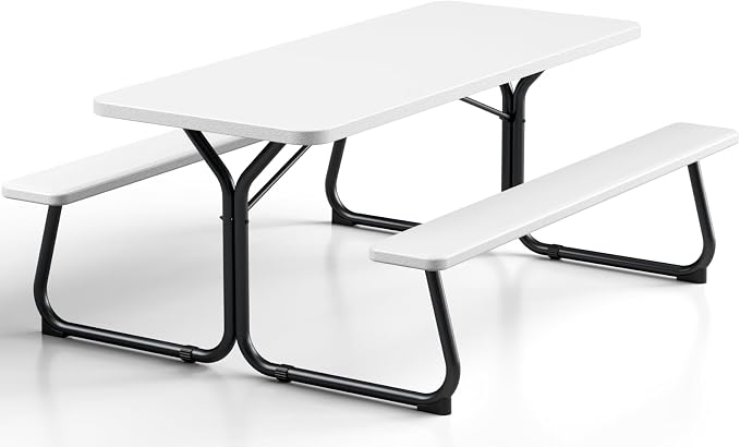 Picnic Table, 6 FT Outdoor Picnic Table with Benches for 8 People, Heavy Duty Picnic Bench Set with Steel Frame, 600LBS Capacity, Patio Dining Table Set for Backyard, Park, Garden, School