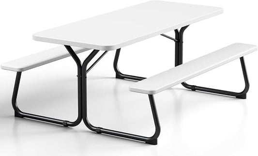 Picnic Table, 6 FT Outdoor Picnic Table with Benches for 8 People, Heavy Duty Picnic Bench Set with Steel Frame, 600LBS Capacity, Patio Dining Table Set for Backyard, Park, Garden, School