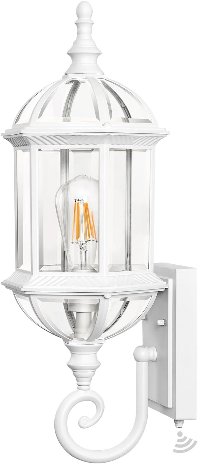 VIANIS Dusk to Dawn Porch Lights Outdoor, Classic White Outdoor Wall Lights, Anti-Rust Outside Lights for House with Tempered Beveled Glass, Waterproof Exterior Lighting Fixtures for House, Entryway