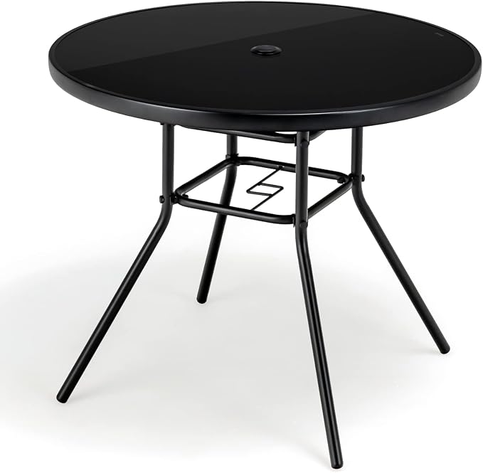 Tangkula 34 Inch Patio Dining Table, Round Tempered Glass Table with 1.5” Umbrella Hole, Heavy-Duty Metal Frame, Outdoor Metal Dining Table for Garden, Balcony, Porch