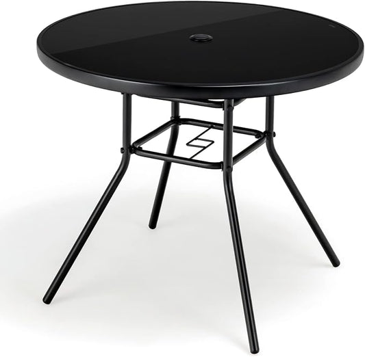 Tangkula 34 Inch Patio Dining Table, Round Tempered Glass Table with 1.5” Umbrella Hole, Heavy-Duty Metal Frame, Outdoor Metal Dining Table for Garden, Balcony, Porch