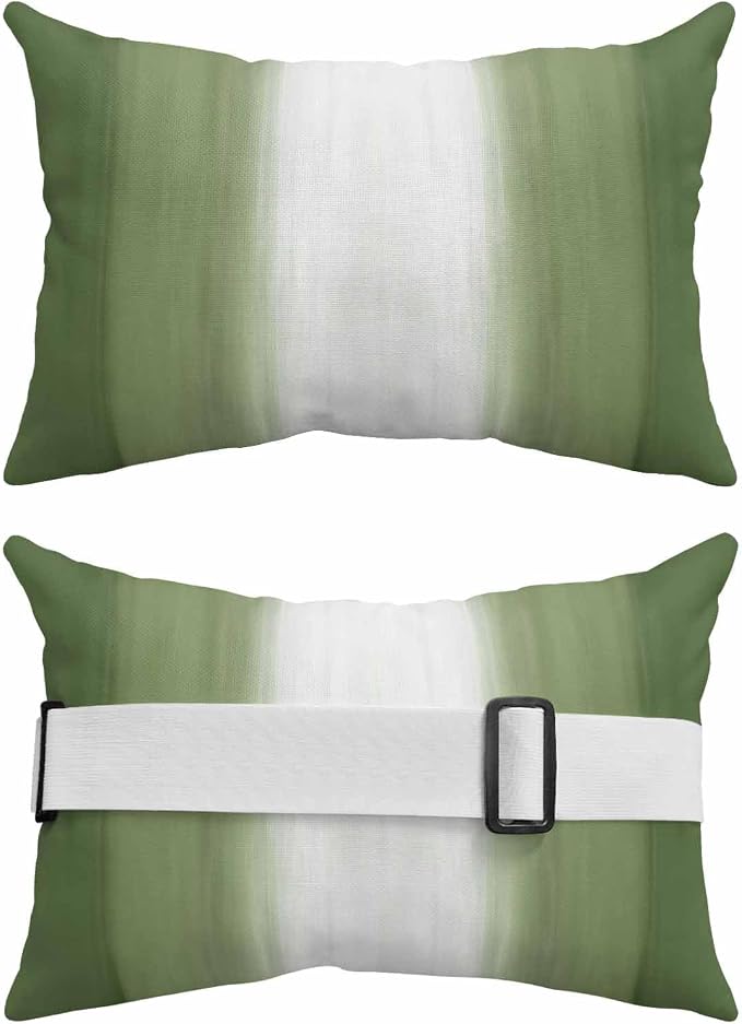 Outdoor Lumbar Pillow Set of 1, Dark Green Striped Waterproof Beach Headrest Pillow with Inserts, Green White Ombre Farmhouse Gradient Recliner Throw Pillows for Patio Furniture, 11 x 16