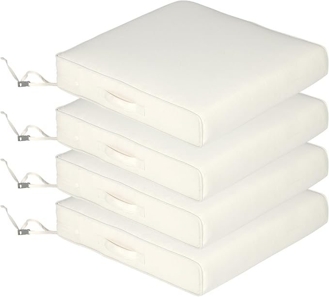 Aoodor Patio Chair Cushions Set of 4, 24 x 24 x 4 Inch Water Resistant Outdoor Seat Cushions with Handle and Ties, Square Corner Cushions for Patio Furniture Garden Lawn, Ivory