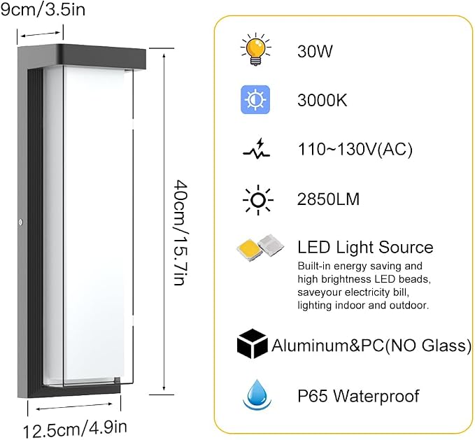 Modern 2Pack Outdoor Wall Light Fixture,16in 10%-100% Dimming LED Porch&Patio Wall Light Fixture,3000K Black Exterior Sconce Light Mounted for House Garage Porch Courtyard(2Packs)