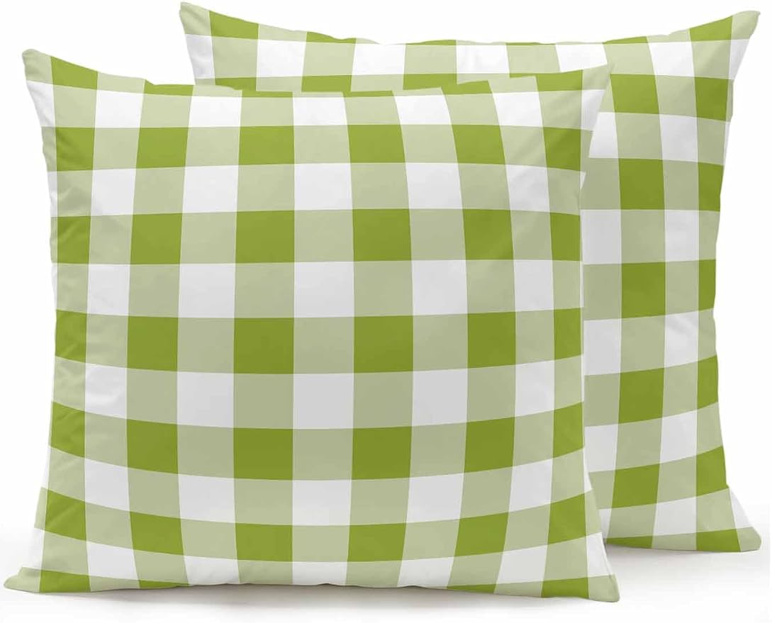Waterproof Outdoor Pillow Set of 2 Avocado Green Buffalo Plaid Decorative Throw Pillows Cover & Insert 18x18 Inch Pillowcase Check Lines Pillows for Couch Sofa Bed Patio Furniture Indoor Outdoor