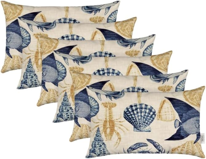 RSH DECOR: 6-Pack Pillow Set | 20” x 12" Lumbar Support Pillows | All-Weather Spun Fabric | Water and Fade-Resistant Outdoor Accent Pillows | Blue Tan Crab