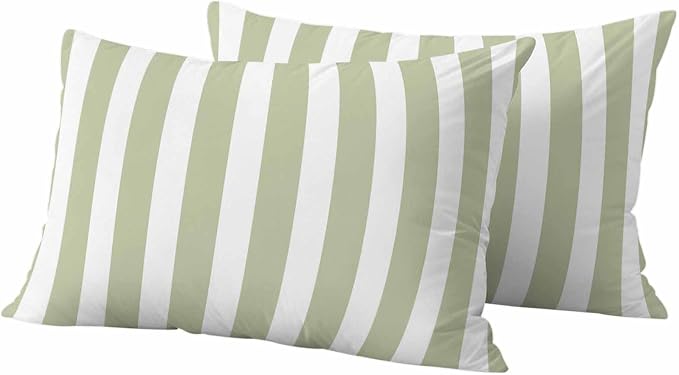 Sage Green Striped Outdoor Waterproof Throw Pillow Covers 20x12 Set of 2, Modern Farmhouse Sage Green White Stripes Decorative Pillowcases Cushion Pillowcase for Couch Sofa Patio Pillow Protector