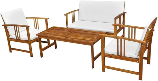 4-Piece Brown Acacia Wood Patio Dining Set with Cushions | Features a rectangular table and seating for 4, ideal for backyard, balcony, or terrace family gatherings.