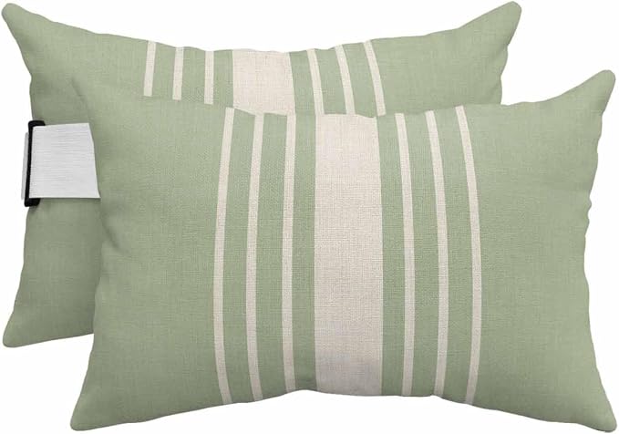 Pack of 2 Outdoor Lumbar Pillow Covers 12x20 Inch, Sage Green Beige Striped Waterproof Throw Pillow Covers Set, Modern Farmhouse Retro Lines Indoor&Outdoor Cushion Cases for Patio Porch Beach