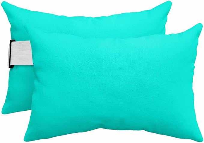 Chaise Lounge Chair Pillow with Strap & Insert Teal Green Pattern Outdoor Recliner Head Pillow Pack of 2 Pure Colour Waterproof Headrest Patio Lumbar Pillow for Beach Pool Office Chair 11x16 Inch