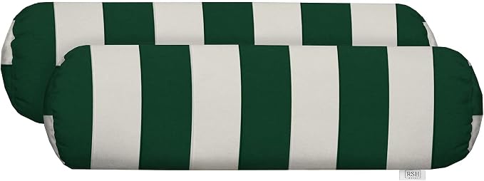 RSH Décor Neck Roll Bolster Pillows – Set of 2 | 20” x 6” | Outdoor Throw Pillows for Patio Furniture, Porch, Deck, or Poolside Chairs | Water & Fade-Resistant | Hunter Green & White Stripe