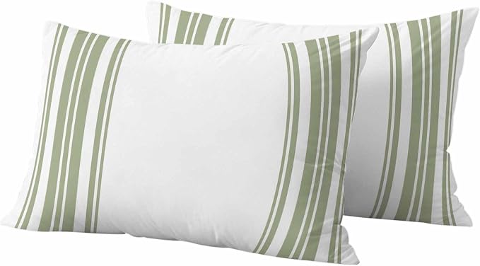 Outdoor Waterproof Throw Pillow Covers Set of 2 Sage Green Stripes Lumbar Pillowcases 20x12 Inches White Vertical Striped Decorative Pillows Cushion Case Patio Pillows for Couch Bed Chair Garden