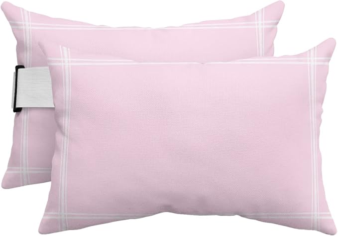 T&H XHome Outdoor Pillow for Chaise Lounge Chair, Solid Color Pink Waterproof Headrest Pillow Lumbar Pillows with Insert & Adjustable Elastic Strap for Beach, Poolside, Patio, Office (2 Pack)