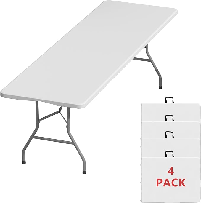 8FT Folding Tables – Heavy Duty Portable Foldable Picnic Table with Built-in Handle, 450 lb Capacity – Ideal for Events, Parties, Crafts, Camping & Dining (4-Pack, White)