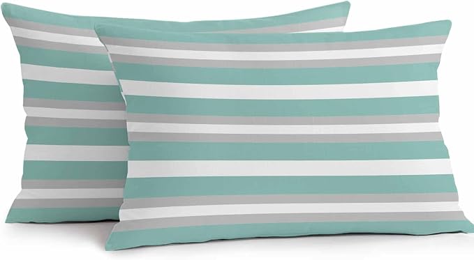 Aqua Grey Stripe Outdoor Pillow Covers Waterproof, All Weather Cushion Case Set of 2, Minimalist Farmhouse Striped Lumbar Pillowcase for Sofa Couch Bed Decor Patio Furniture 20"x12"