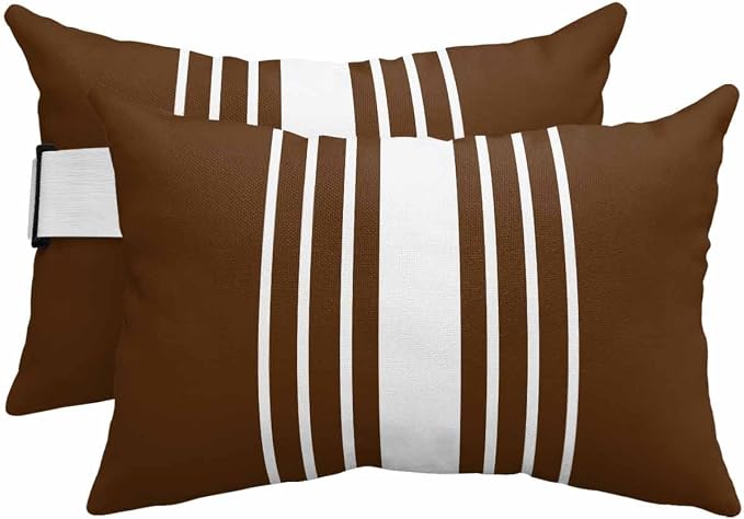 Pack of 2 Outdoor Lumbar Pillow Covers 11x16 Inch, Brown White Stripe Waterproof Throw Pillow Covers Set, Modern Rustic Vertical Striped Indoor&Outdoor Decorative Cushion Cases for Patio Porch Beach