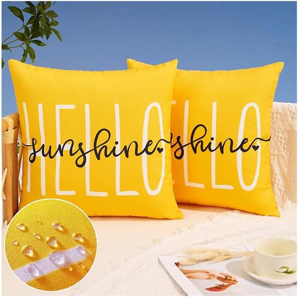 DFXSZ Yellow Outdoor Waterproof Pillow Covers 22x22 Set of 2 Hello Sunshine | Hello Sunshine Decor Spring Summer Polyester Pillow Covers(NO INSERTS)| Decor for Patio Funiture Garden Sofa Couch