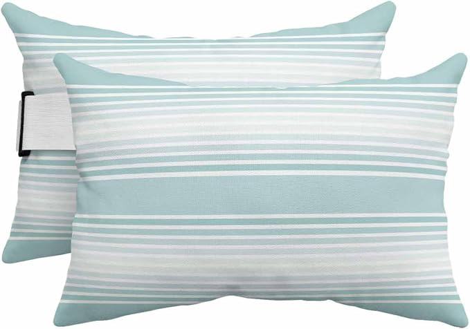 Pack of 4 Outdoor Lumbar Pillow Covers 11x16 Inch, Aqua Striped Waterproof Throw Pillow Covers Set, Teal Ombre Farmhouse Stripes Indoor&Outdoor Decorative Cushion Cases for Patio Porch Car