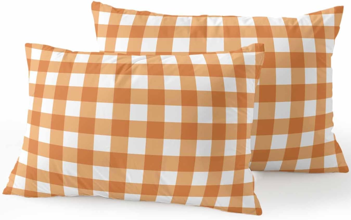Waterproof Outdoor Pillow Set of 2 Orange Buffalo Plaid Decorative Throw Pillows Cover & Insert 20x12 Inch Lumbar Pillowcase Check Lines Pillows for Couch Sofa Bed Patio Furniture Indoor Outdoor