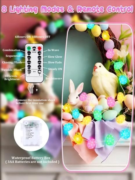 Easter Fairy Lights Battery Operated, 10FT 30 LED Chicken Egg String Lights | Remote Control, 8 Modes, Timer, Adjustable brightness, Waterproof Lights for Indoor Outdoor Classroom Christmas Decor