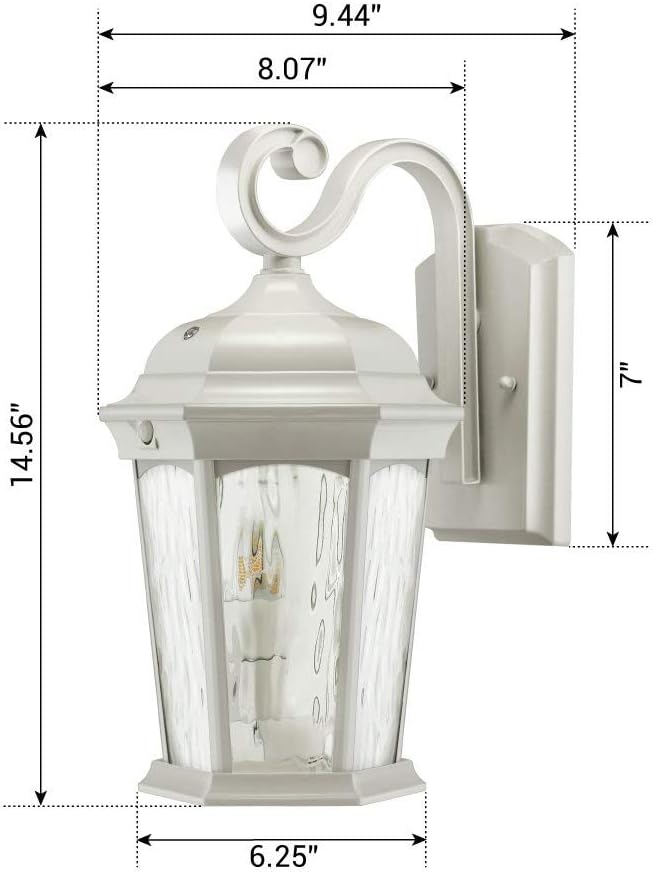 Euri Lighting EFL-140W-MD Flickering Flame Lantern, Water Glass, with Integrated Security Light (3000K), Photocell and Motion-Sensor (Dusk-to-Dawn), White Housing